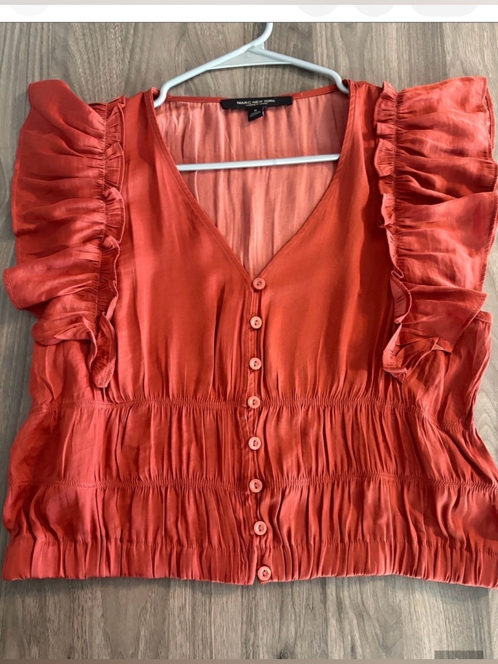 Andrew Marc Rust Ruffle-Sleeve Button Front Blouse - Picture 6 of 15